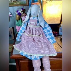 Vintage 80’s Handmade Cloth Bunny Doll Blue & Dusty Rose Dress